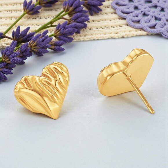 18K Gold Plated Stainless Steel Minimalist Textured Heart Stud Earrings - Picture 6 of 9